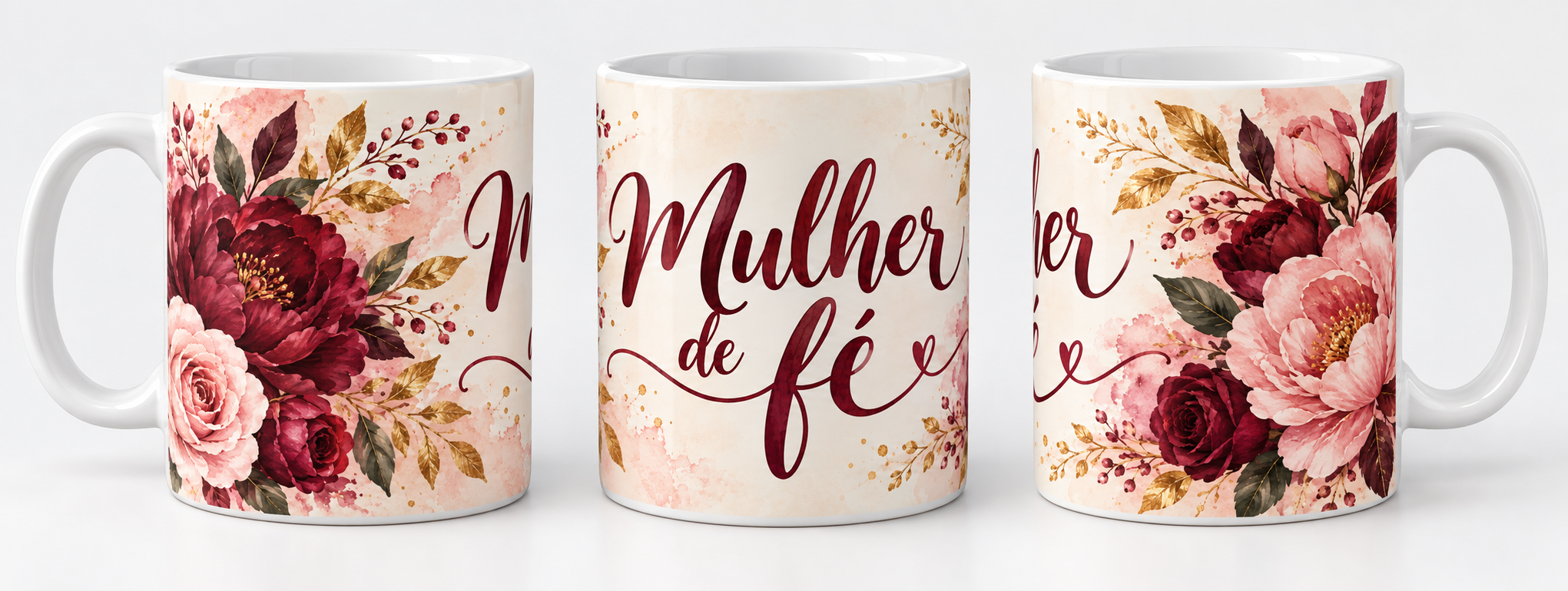 Três vistas da caneca Mulher de fé 18